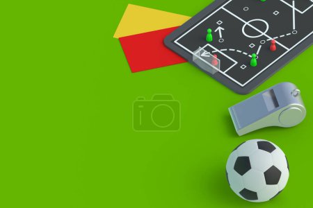 Photo for Chalkboard with team tactic near ball, cards and whistle. Soccer strategy concept. International championship. Sports education. Copy space. 3d render - Royalty Free Image