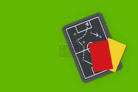 Photo for Chalkboard with team tactic near red and yellow cards. Soccer strategy concept. International championship. Sports education. Top view. Copy space. 3d render - Royalty Free Image