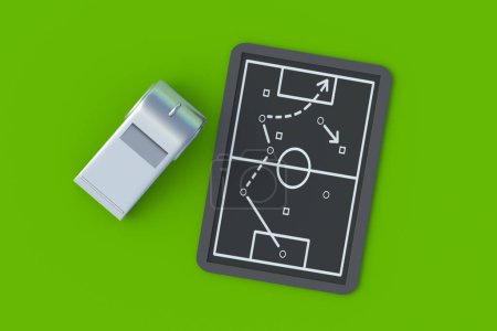Photo for Chalkboard with team tactic near whistle. Soccer strategy concept. International championship. Sports education. Top view. 3d render - Royalty Free Image