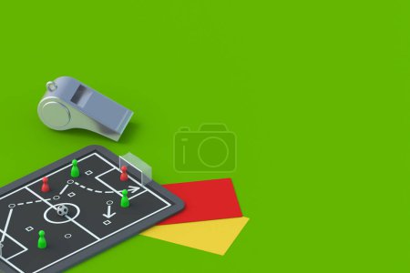 Photo for Chalkboard with team tactic near whistle, red and yellow cards. Soccer strategy concept. International championship. Sports education. Copy space. 3d render - Royalty Free Image
