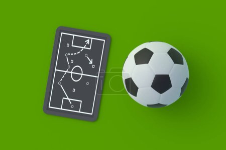 Photo for Chalkboard with team tactic near ball. Soccer strategy concept. International championship. Sports education. Top view. 3d render - Royalty Free Image