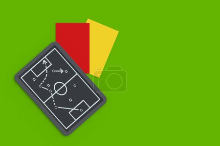 Photo for Chalkboard with team tactic near red and yellow cards. Soccer strategy concept. International championship. Sports education. Top view. Copy space. 3d render - Royalty Free Image