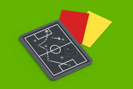 Photo for Chalkboard with team tactic near red and yellow cards. Soccer strategy concept. International championship. Sports education. 3d render - Royalty Free Image