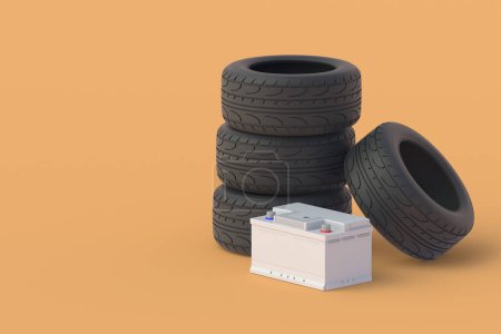 Stack of tyres and battery . Car service. Copy space. 3d render