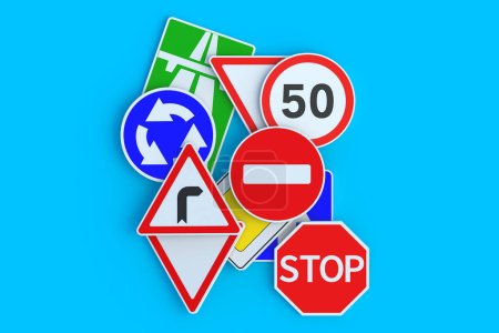Road signs. Traffic laws. Driving school concept. Rules and regulation. Highway signpost. Roadway infrastructure. Top view. 3d render