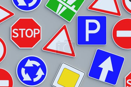 Photo for Many scattered road signs. Traffic laws. Driving school concept. Rules and regulation. Highway signpost. Roadway infrastructure. Top view. 3d render - Royalty Free Image