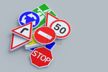 Heap of road signs. Traffic laws. Driving school concept. Rules and regulation. Highway signpost. Roadway infrastructure. Copy space. 3d render