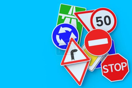 Road signs. Traffic laws. Driving school concept. Rules and regulation. Highway signpost. Roadway infrastructure. Top view. Copy space. 3d render