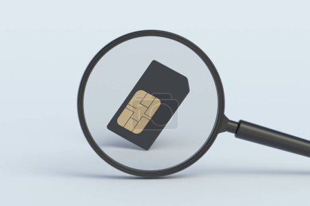 Photo for Sim card behind magnifying glass. 3d render - Royalty Free Image