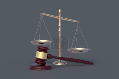 Legal law concept. Scales of justice near gavel on black table. Punishment and responsibility. Constitutional rights. 3d render