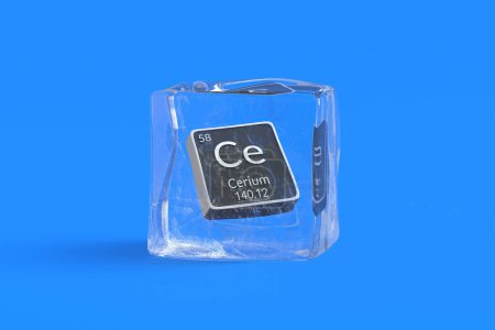 Photo for Cerium Ce chemical element of periodic table in ice cube. Symbol of chemistry element. 3d render - Royalty Free Image
