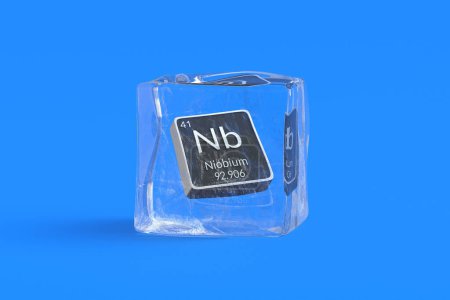 Foto de Niobio Nb elemento químico de tabla periódica en cubo de hielo. Símbolo del elemento químico. 3d renderizar - Imagen libre de derechos
