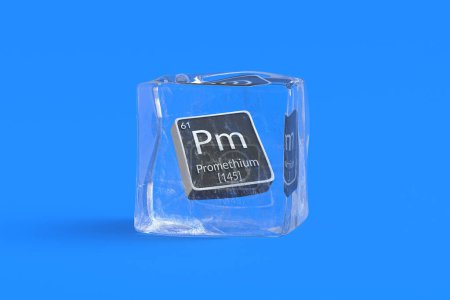 Foto de Prometio Pm elemento químico de tabla periódica en cubo de hielo. Símbolo del elemento químico. 3d renderizar - Imagen libre de derechos