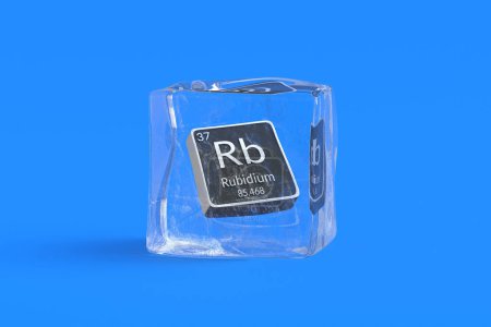 Foto de Rubidium Rb elemento químico de tabla periódica en cubo de hielo. Símbolo del elemento químico. 3d renderizar - Imagen libre de derechos