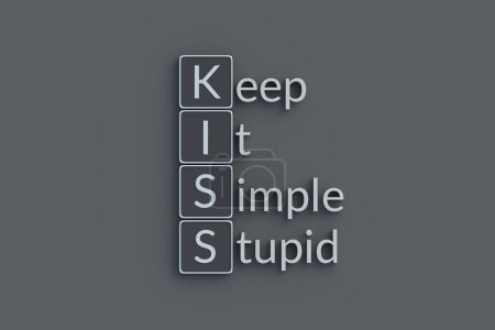 Photo for KISS Keep it simple stupid metallic inscription. Acronym or abbreviation. Top view. 3d render. - Royalty Free Image