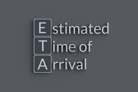 Photo for ETA Estimated time of arrival metallic inscription. Acronym or abbreviation. Top view. 3d render. - Royalty Free Image