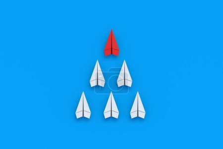 Photo for Following the leader. Excessive trust and influence. Community membership. Innovative thinking. Listening to advice. Business concept. Red paper plane and a crowd of whites. 3d render - Royalty Free Image
