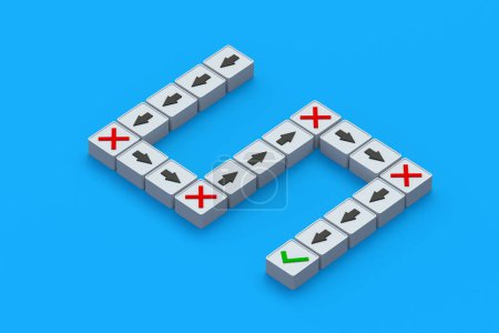 Photo for Problem solving. Persistence in achieving goals. A difficult path to success. Overcoming obstacles. Lots of wrong decisions. Cubes with arrows, crosses and checkmark. 3d render - Royalty Free Image