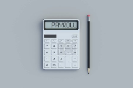 Photo for Word payroll on calculator screen. Earnings calculation and analysis. Business concept. Financial accounting. Summary report. Wages and salary. Reward and compensation for work done. 3d render - Royalty Free Image