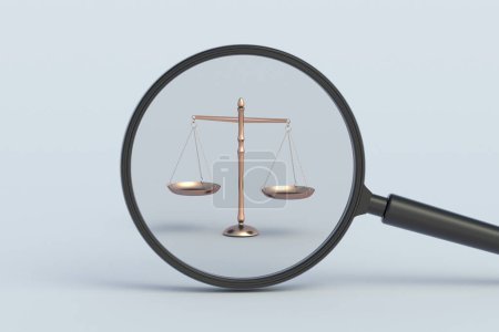 Photo for Justice scale behind magnifying glass. 3d render - Royalty Free Image