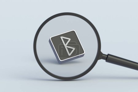 Photo for Berkana rune on button behind magnifying glass. Ancient german alphabet. Mystical symbol. Scandinavian futhark. Occult sign. Old norse letter. 3d render - Royalty Free Image