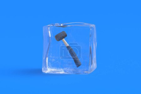 Rubber mallet in ice cube. 3d illustration