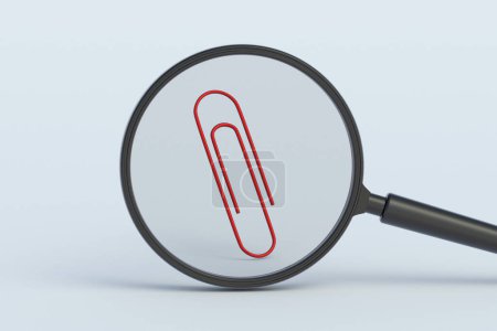 Paper clip behind magnifying glass. 3d render