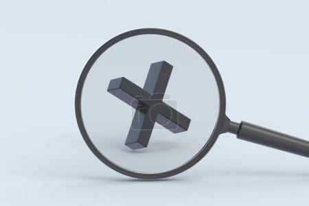 Cross behind magnifying glass. 3d render