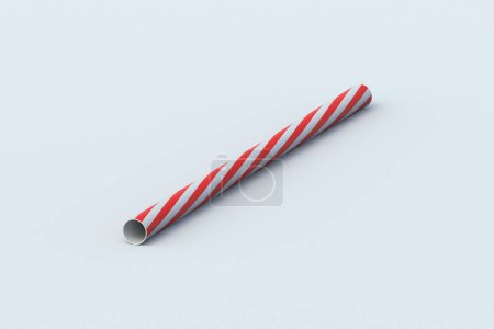 One plastic striped paper straw. Festive accessories for cocktails. Party equipment. Stiff tube for beverages. 3d render