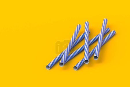 Heap of eco friendly striped paper straws. Festive accessories for cocktails. Party equipment. Stiff tube for beverages. Copy space. 3d render