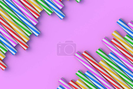 Rows of eco friendly striped paper straws. Festive accessories for cocktails. Party equipment. Stiff tube for beverages. Copy space. 3d render