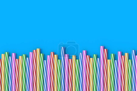 Row of many plastic striped paper straws. Festive accessories for cocktails. Party equipment. Stiff tube for beverages. Copy space. Top view. 3d render