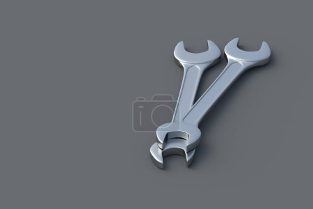 Two spanners on black background. Metal wrench in workshop. Repair and maintenance tool. Copy space. 3d render