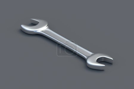 One spanner on black background. Metal wrench in workshop. Repair and maintenance tool. 3d render