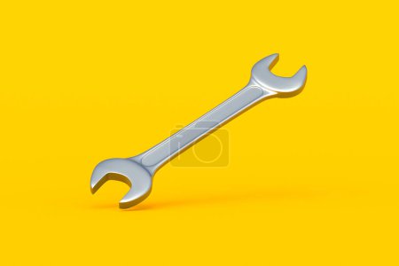 Falling spanner on yellow background. Metal wrench in workshop. Repair and maintenance tool. 3d render