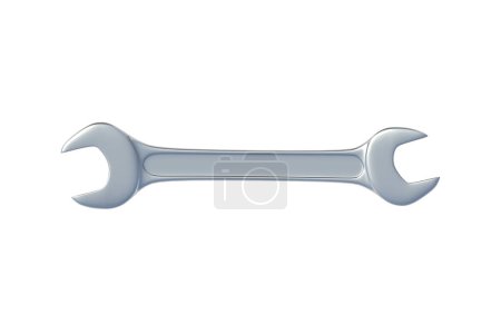 Wrench isolated on white background. Metal spanner in workshop. Repair and maintenance tool. Top view. 3d render