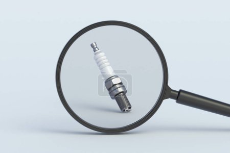 Car spark plug behind magnifying glass. 3d render