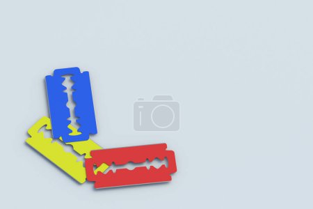 Colorful razor blades on gray background. Stationery equipment. 3d render