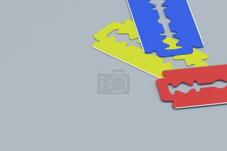 Colorful razor blades on gray background. Stationery equipment. Copy space. 3d render