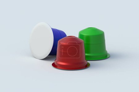 Photo for Colorful coffee capsules on gray background. Modern decaf pods for machine. 3d render - Royalty Free Image