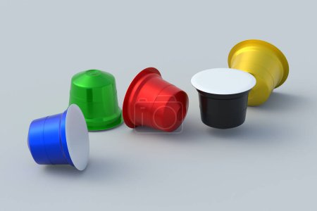 Photo for Scattered colorful coffee capsules on gray background. Modern decaf pods for machine. 3d render - Royalty Free Image