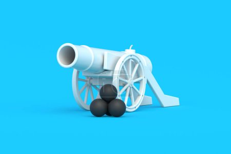 Kanone mit Kanonenkugeln auf blauem Hintergrund. Alte Waffe. Antike Artillerie auf Rädern. Oldtimer-Schusswaffe. Nachstellung eines Bürgerkriegs. 3D-Darstellung