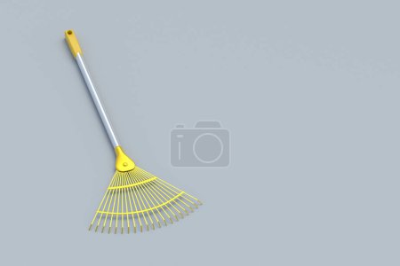 One leaf rake for leaves on gray background. Gardening equipment. Yard and lawn cleaning during fall season. Agriculture tool. Copy space. 3d render