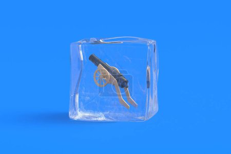 Frozen cannon in ice cube. 3d illustration
