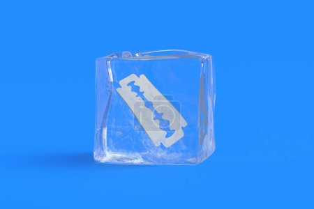 Hoja de afeitar congelada en cubo de hielo. ilustración 3d