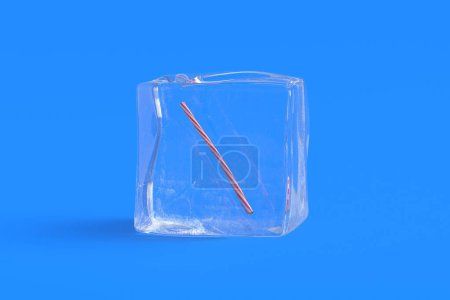 Frozen striped straw in ice cube. 3d illustration