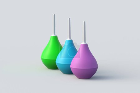 Row of colorful enemas on gray background. Rubber douching bag. Pear shaped syringe bulb. Medical clyster. Nasal aspirator. Laboratory tool. Constipation treatment. 3d render