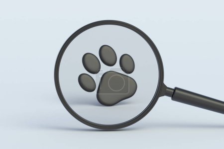 Pet footprint behind magnifying glass. 3d render