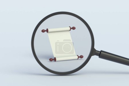 Paper scroll behind magnifying glass. 3d render