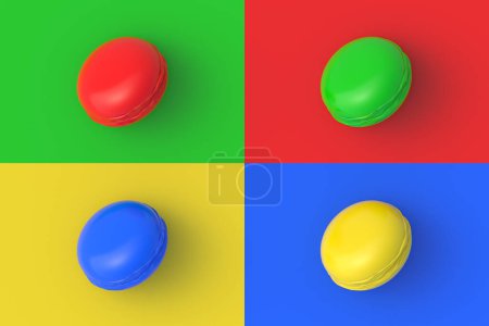 Set von vier verschiedenen Farben Makronenkeks auf bunten segmentalen Hintergrund. 3D-Darstellung